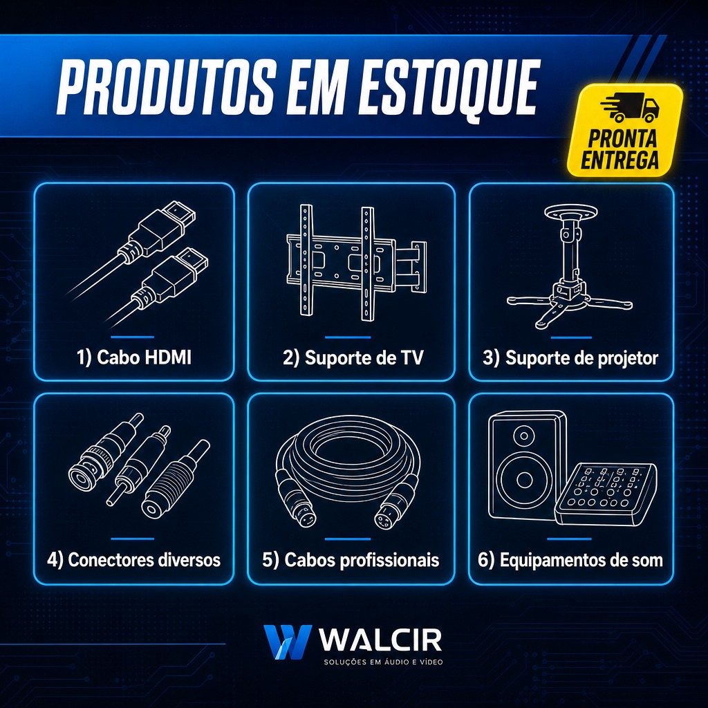 Produtos em estoque - cabos, suportes, equipamentos de som